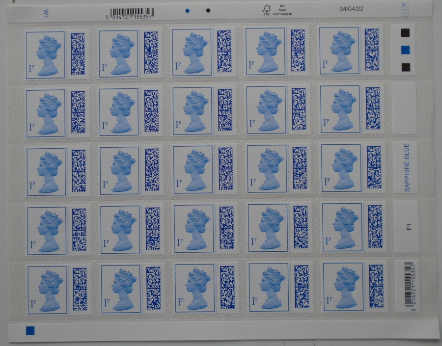 (image for) Pack of 250 x 1p barcoded definitive stamps. (10 sheets of 25. FV £2.50)