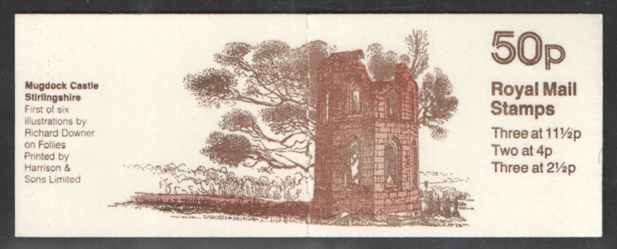 (image for) FB17B / DB9(17)A Perf E1 Mugdock Castle 50p Folded Booklet. Trimmed perfs one side.