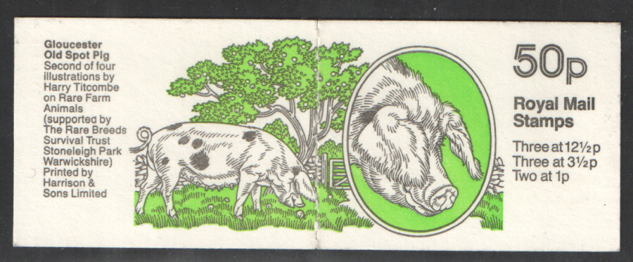 (image for) FB24a / DB9(24)/1 Miscut Perf E1 Gloucester Old Spot Pig 50p Folded Booklet. Some trimmed perfs.