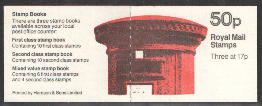 (image for) FB31 / DB9(31)/1 Phosphor Omitted Cyl B25 Pillar Box 50p Folded Booklet. Trimmed perfs at left.