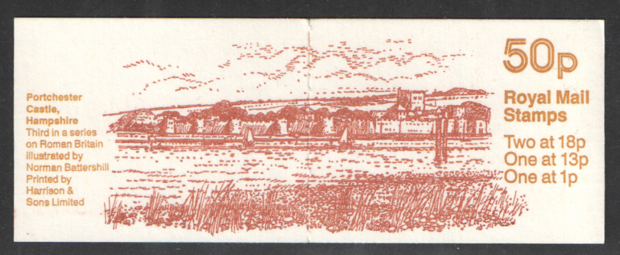(image for) FB38 / DB9(35) Lip Flaw Portchester Castle 50p Folded Booklet. Trimmed at left.