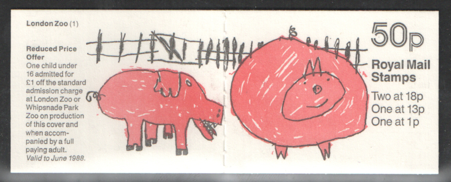 (image for) FB47 / DB9(40)/1 Phosphor Omitted Pigs 50p Folded Booklet. Trimmed perfs at left.