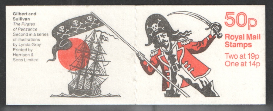 (image for) FB52 / DB14(11)/1 Phosphor Omitted Perf P Pirates of Penzance 50p Folded Booklet. Trimmed at right.