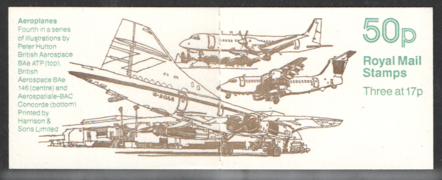 (image for) FB58 / DB14(17) Cyl B48 (B87) Aeroplanes No.4 50p Folded Booklet. Trimmed perfs at right.
