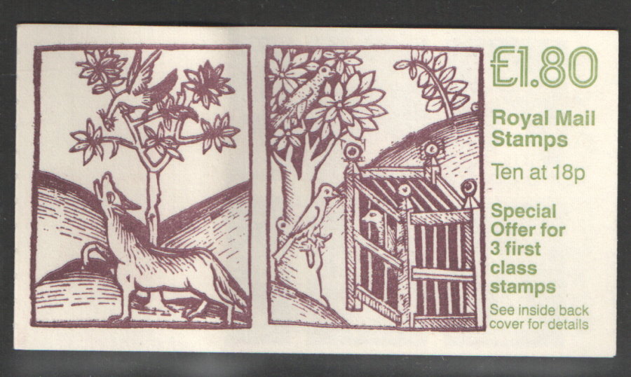 (image for) FU6B / DB8(37)A Olive Green Shade Cyl B2 £1.80 Wolf & Birds Right Margin Folded Booklet. Trimmed at top.
