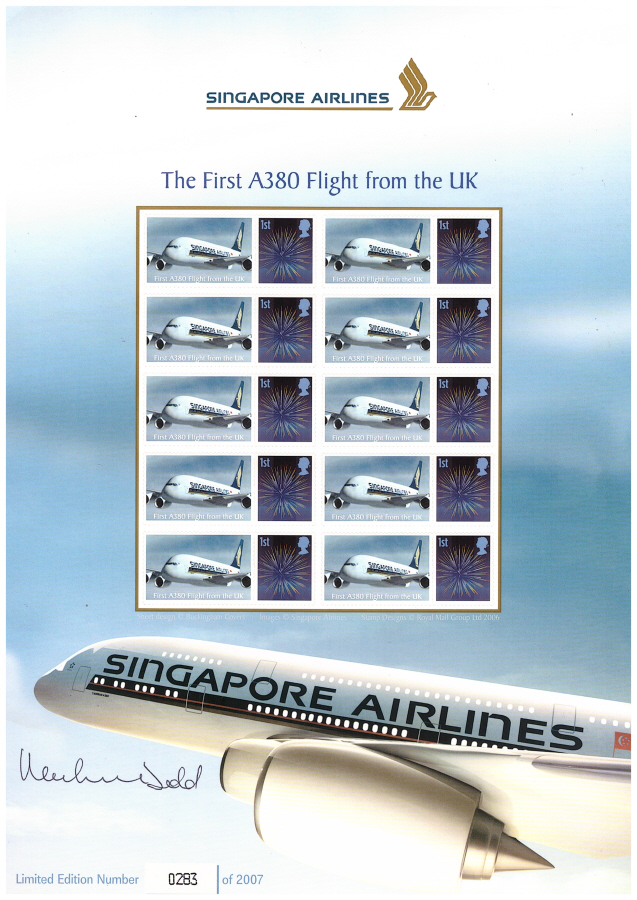 (image for) BC-136 2008 Singapore Airlines The First A380 Flight from the UK Business Smilers Sheet autographed by Michael Dodd