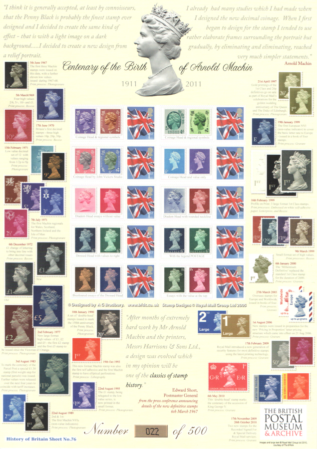 (image for) BC-346 2011 Arnold Machin Centenary History of Britain 76 Business Smilers Sheet