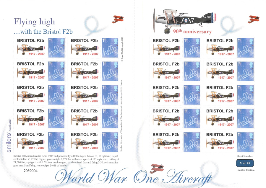(image for) TS-264 2007 Bristol F2b World War I Aircraft Themed Smilers Sheet - Click Image to Close