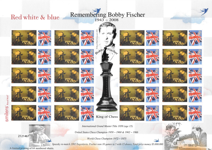 (image for) TS-275 2008 Remembering Bobby Fischer Themed Smilers Sheet - Click Image to Close