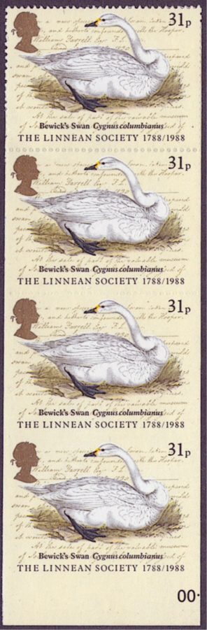 (image for) SG1382a (variant) 1988 Linnean Society progressively imperforate vertical strip