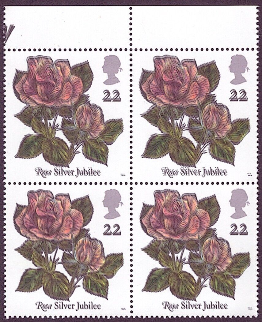 (image for) SG1568b Black Printing Double on 1991 Roses 22p value. MNH marginal block of 4.