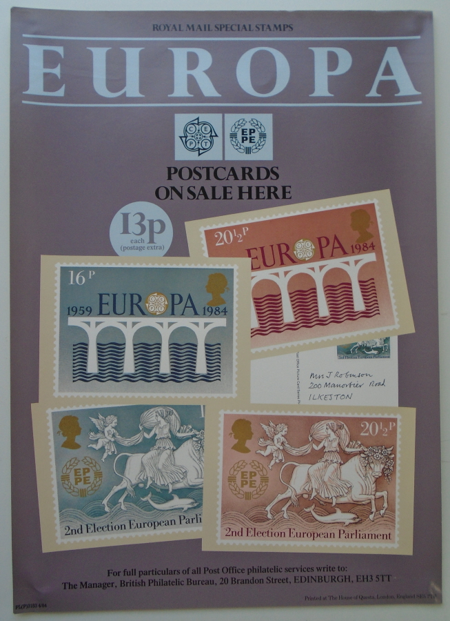 (image for) 1984 Europa Stamps Post Office A3 poster. PL(P)3153 4/84.