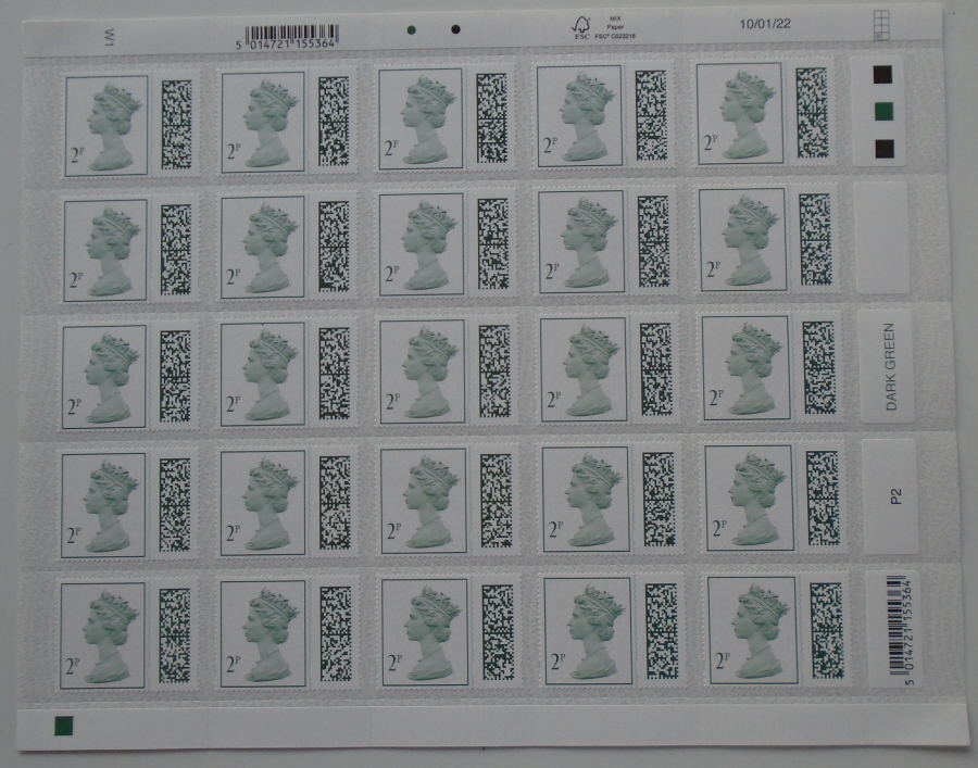 (image for) Pack of 250 x 2p barcoded definitive stamps. (10 sheets of 25.)