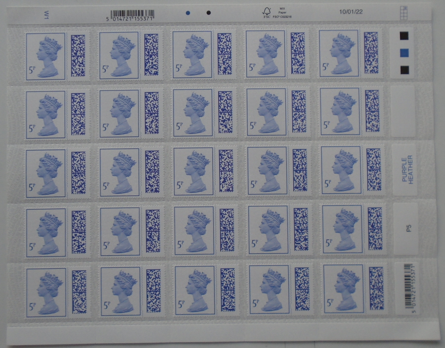 (image for) Pack of 250 x 5p barcoded definitive stamps. (10 sheets of 25. FV £12.50)