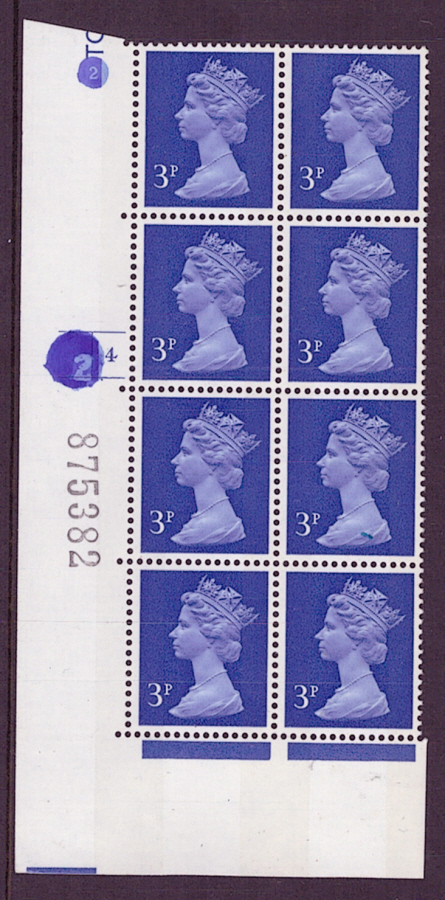 (image for) 1971 3p Ultramarine OCP(H) / PVAl Cyl 4 (L2, S2) no dot Machin Cylinder Block of 8. Ink spots over phosphor numbers.