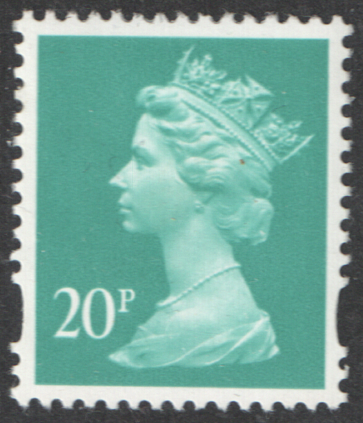 (image for) 1993 20p Sea Green Dull Yellow Fluor Perf RE(2) Cyl 1 dot Machin Cylinder Block