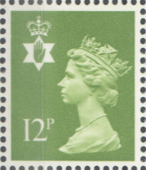 (image for) 1980 Northern Ireland 12p Yellowish Green PCP(H)/DEX Cylinder 1 dot block