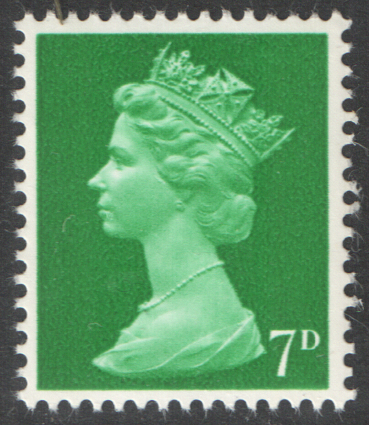 (image for) 1968 7d Light Green Cylinder 4 Dot Pre-Decimal Machin Block of 6