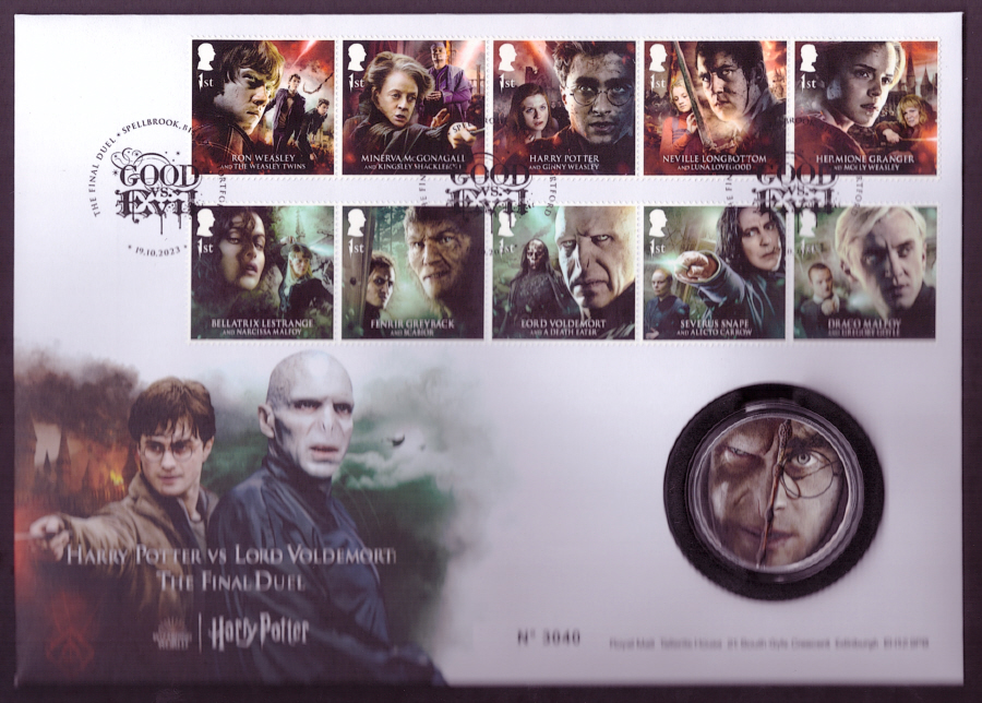 (image for) 2023 Harry Potter vs Voldemort Royal Mail PNC silver plated medal first day cover