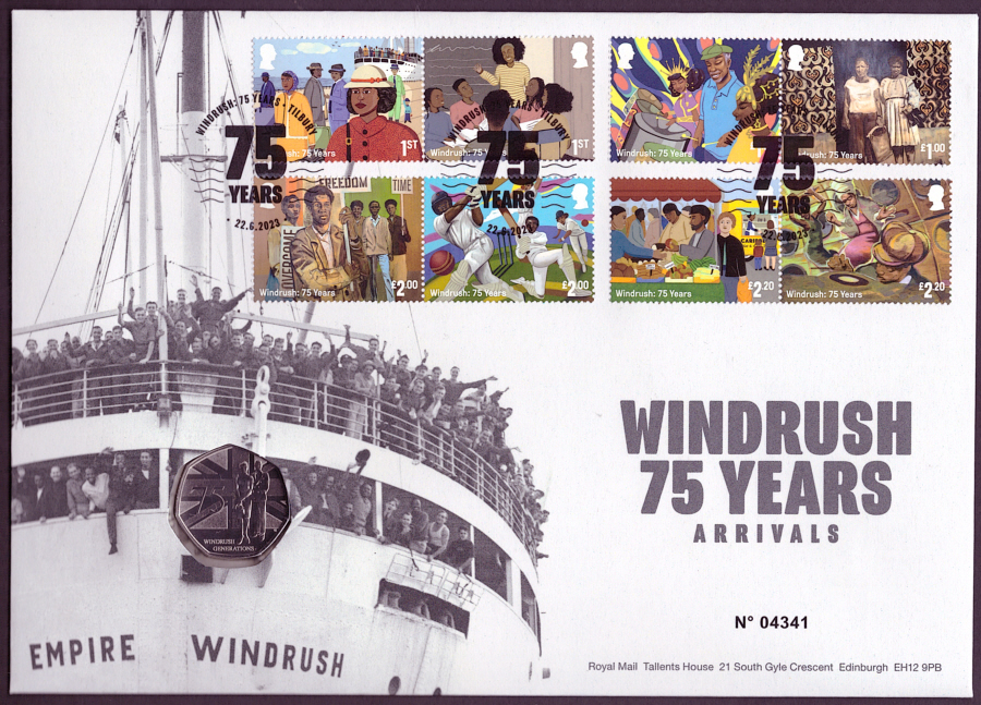 (image for) 2023 Windrush 75 Years 50p coin Royal Mail PNC first day cover