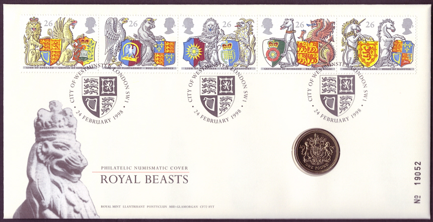 (image for) RMC14 1998 Royal Beasts Order of the Garter £1 coin PNC first day cover - Click Image to Close