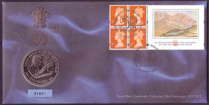 (image for) RMC17 1998 Prince of Wales 50th Birthday £5 coin PNC first day cover