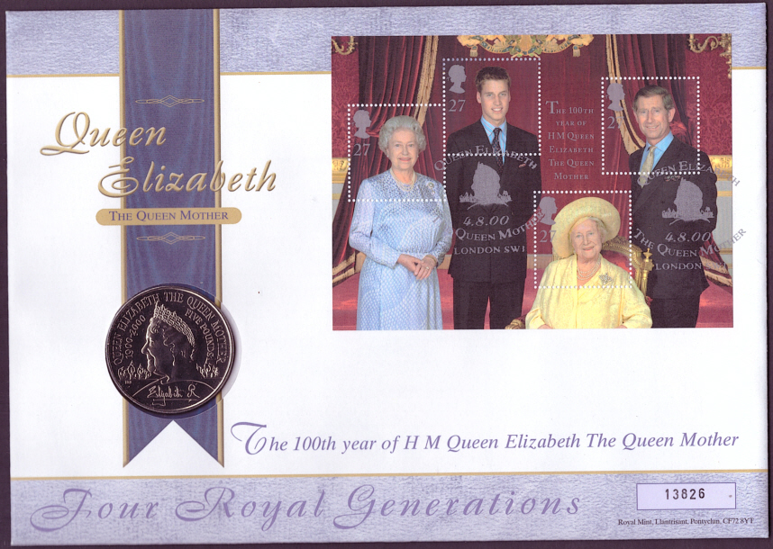 (image for) RMC24 2000 Queen Mother 100th Birthday £5 coin PNC first day cover