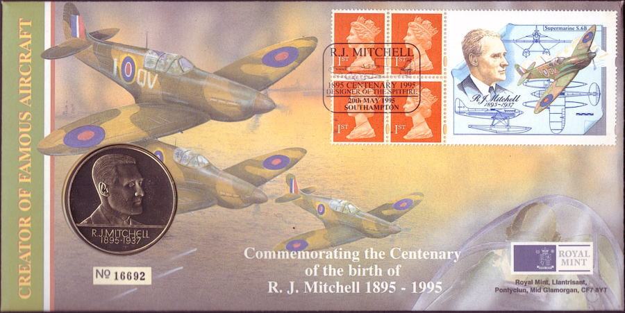 (image for) RMC4 1995 R.J. Mitchell centenary PNC commemorative medal cover