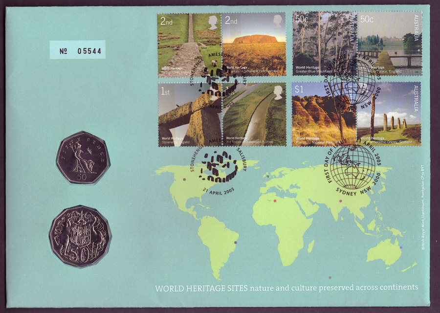 (image for) RMC44 2005 World Heritage Sites 50p & 50c coins PNC first day cover