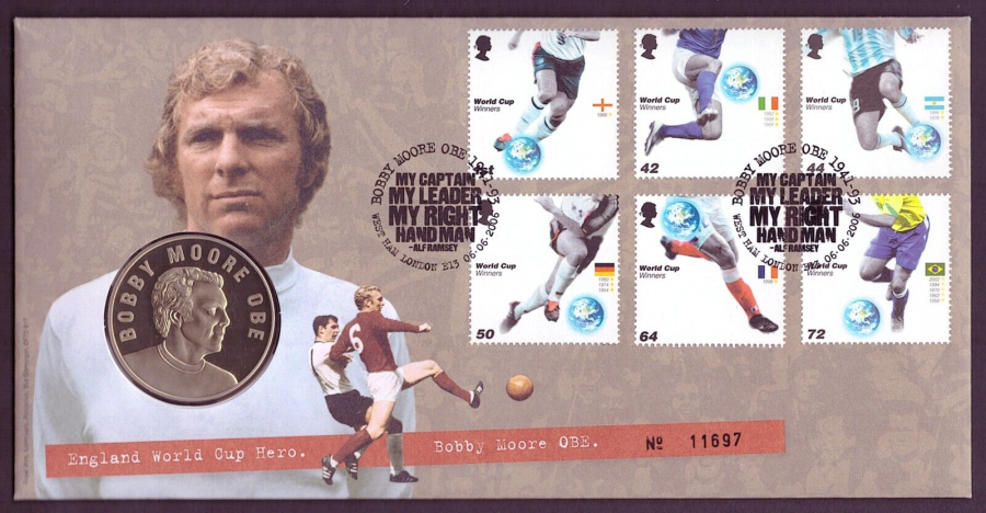 (image for) RMC50 2006 World Cup Winners - Bobby Moore PNC medal first day cover