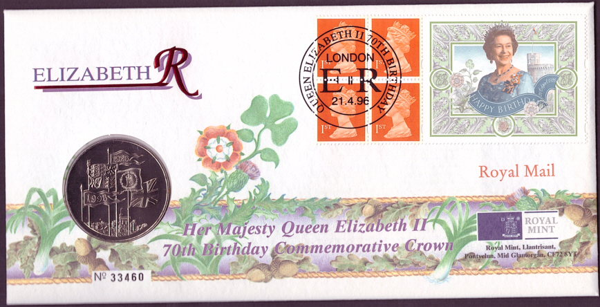 (image for) RMC7 1996 Queen Elizabeth II 70th Birthday £5 coin PNC commemorative cover