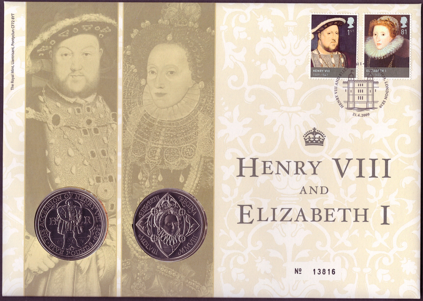 (image for) RMC72 2009 Henry VIII & Elizabeth I 2 x £5 coins PNC first day cover