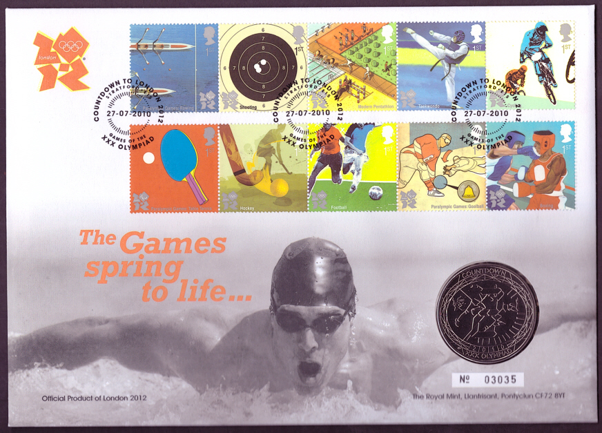 (image for) RMC83 2010 The Games Spring To Life £5 coin PNC first day cover