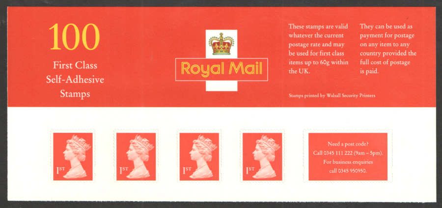 (image for) SB7(1) 1998 Walsall Complete 1st Class Business Sheet of 100 stamps